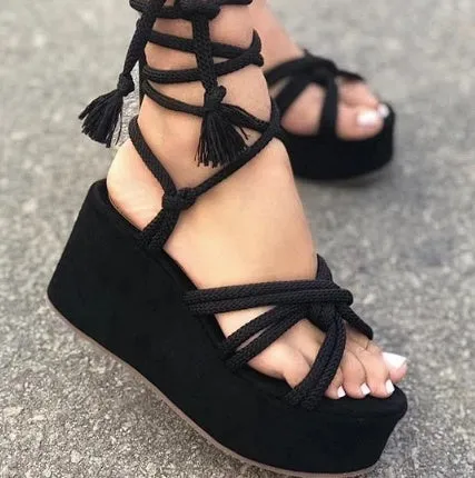 Summer women high heel wedge strappy sandals in red, round toe, PVC upper