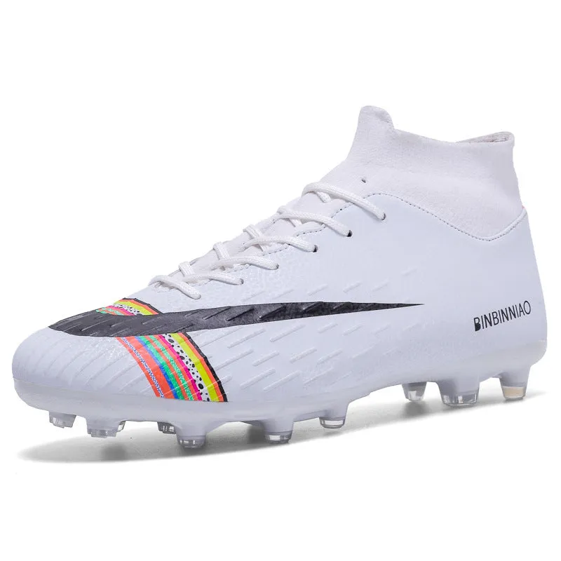 Non-slip football shoes with front tie and printed mesh upper, available in black and white