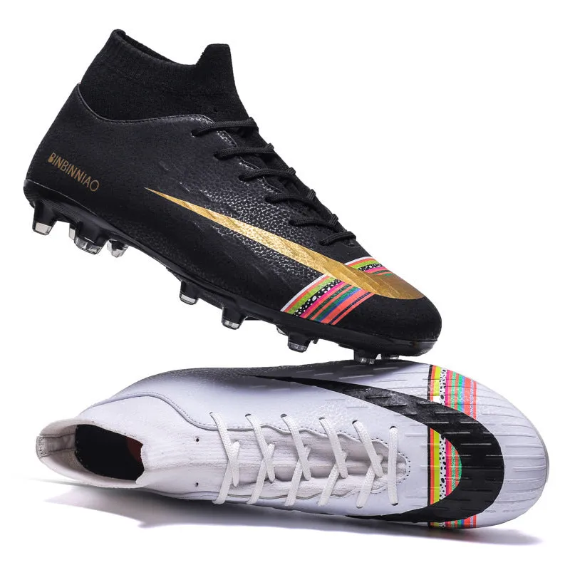 Non-slip football shoes with front tie and printed mesh upper, available in black and white
