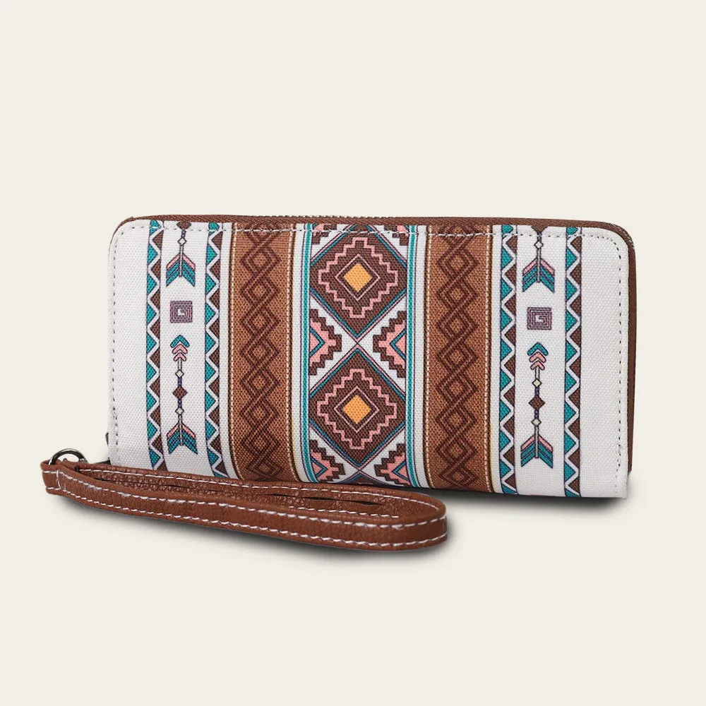 Bohemian striped canvas RFID wallet showing interior and 20x10x2cm dimensions
