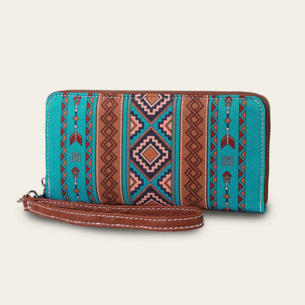 Bohemian striped canvas RFID wallet showing interior and 20x10x2cm dimensions