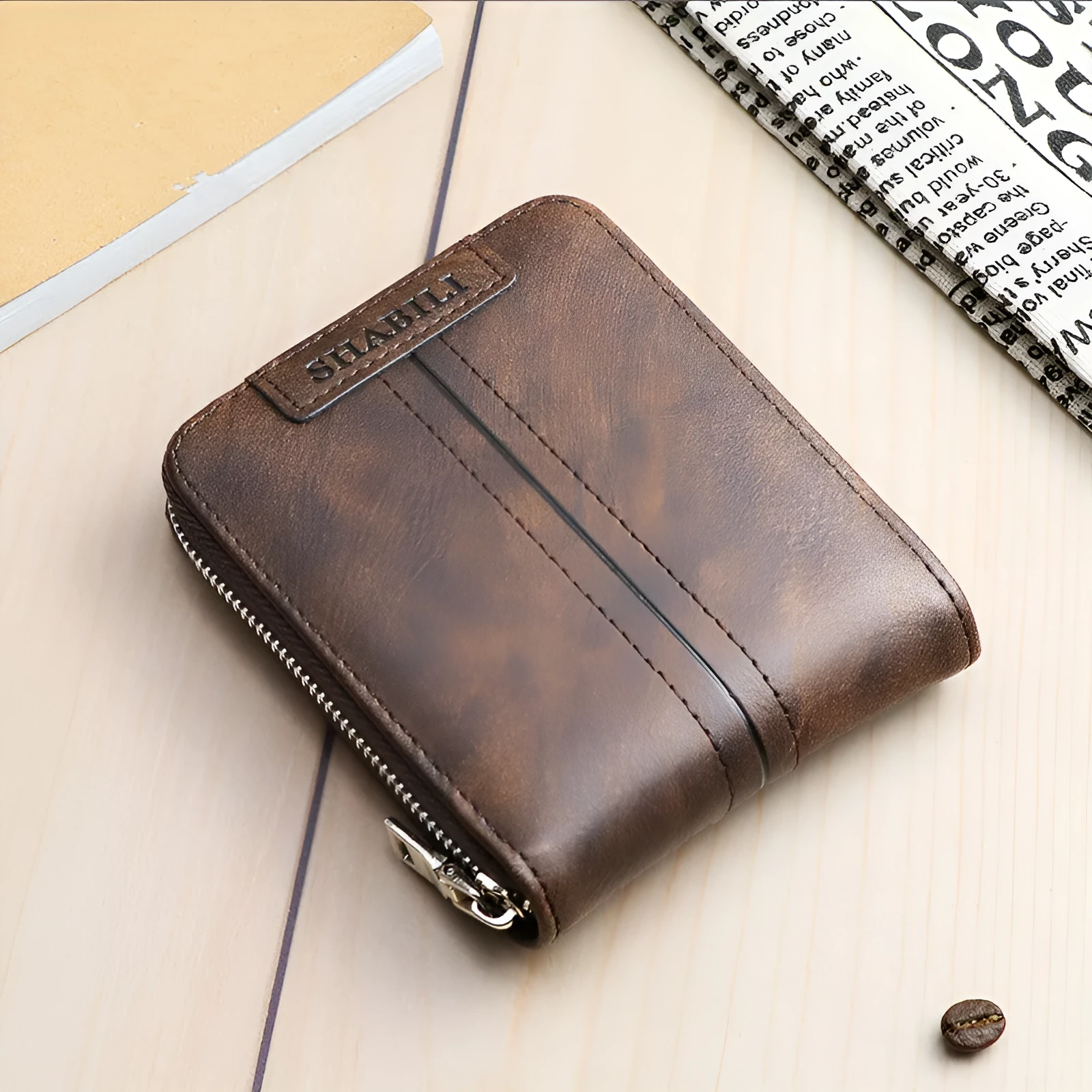 Fashion large capacity horizontal PU leather zipper wallet in deep coffee colour with multiple compartments