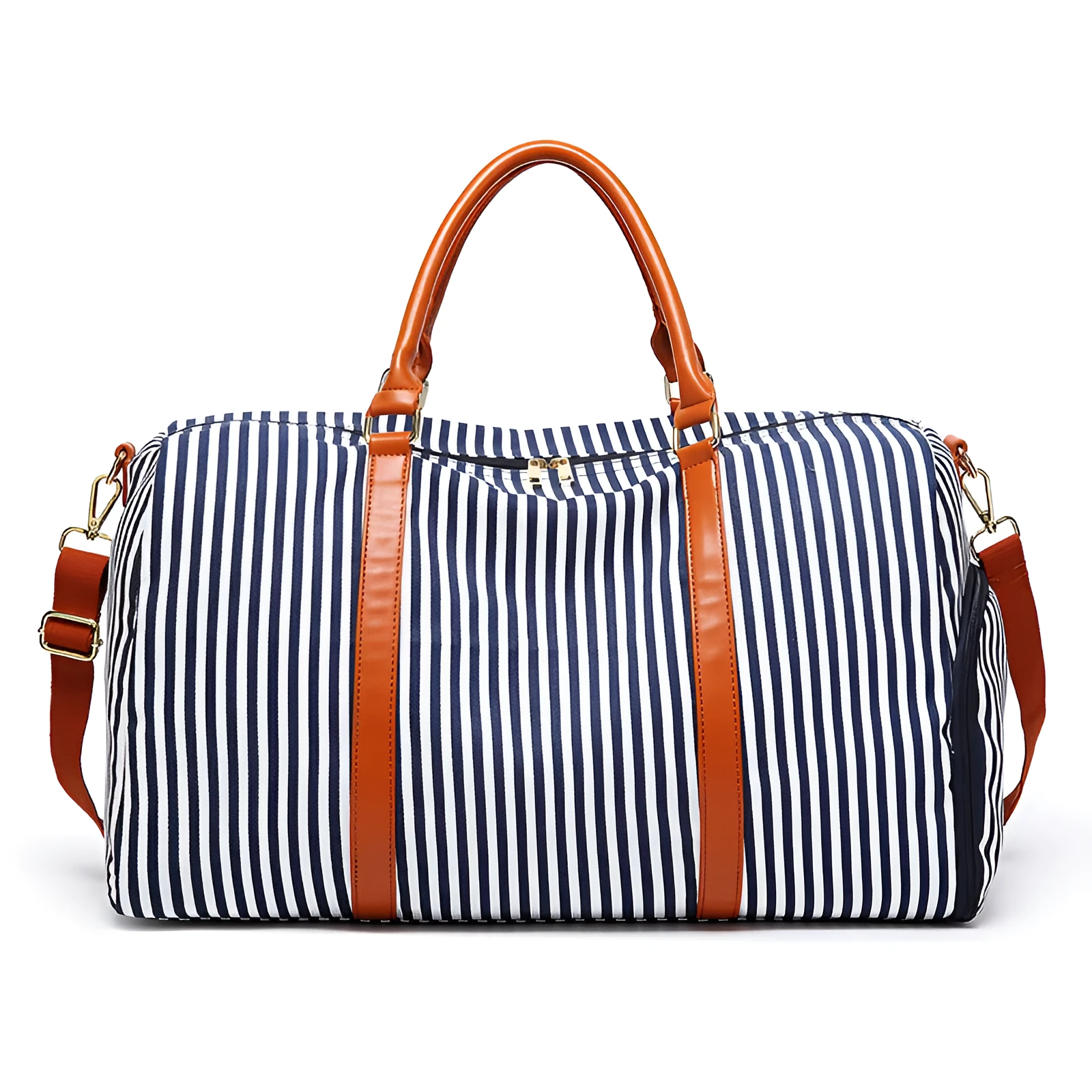 Large canvas striped contrast colour travel duffel bag with zipper closure and polyester lining