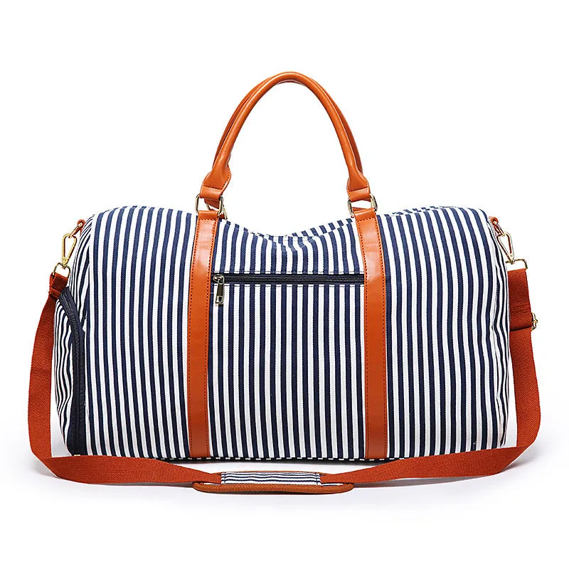 Large canvas striped contrast colour travel duffel bag with zipper closure and polyester lining