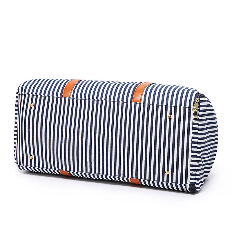 Large canvas striped contrast colour travel duffel bag with zipper closure and polyester lining