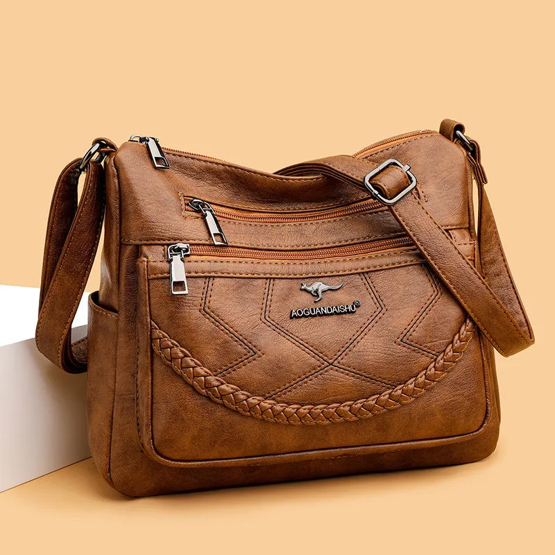 Soft PU leather women's shoulder bag in horizontal square shape with large capacity.