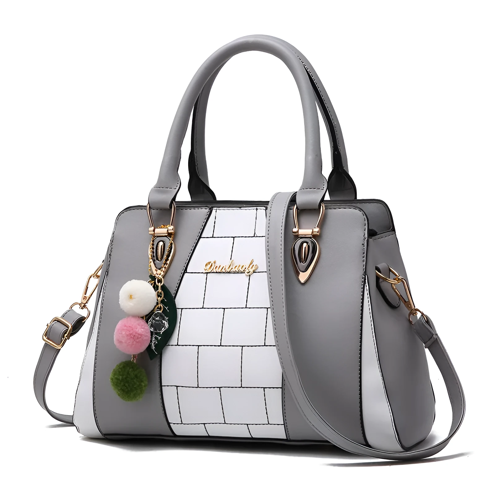 Contrasting colour handbag in PU leather with zipper closure, 29cm long, available in multiple colours