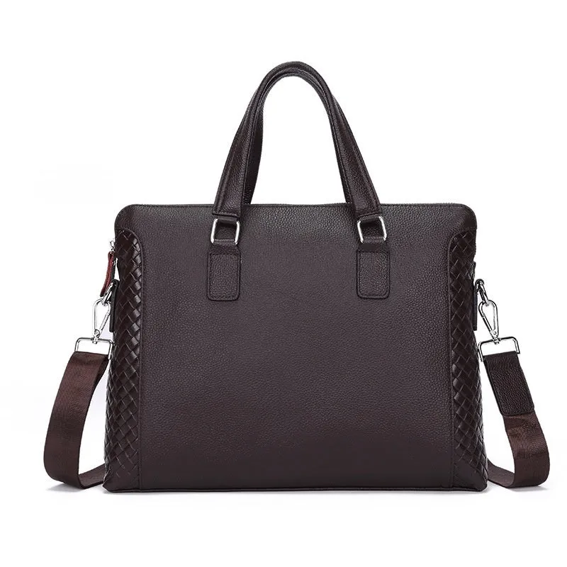 Men's genuine black leather horizontal briefcase with embossed geometric pattern, soft handle, and slit pocket for 14-inch laptop