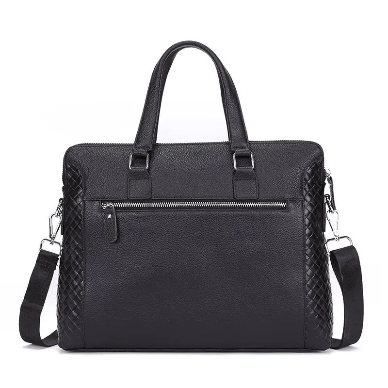 Men's genuine black leather horizontal briefcase with embossed geometric pattern, soft handle, and slit pocket for 14-inch laptop