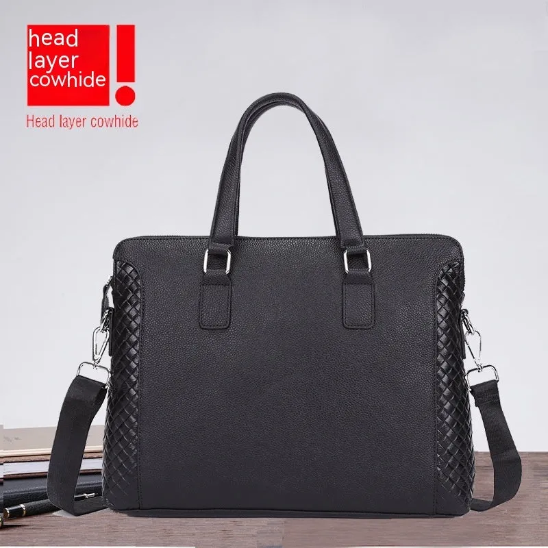 Men's genuine black leather horizontal briefcase with embossed geometric pattern, soft handle, and slit pocket for 14-inch laptop
