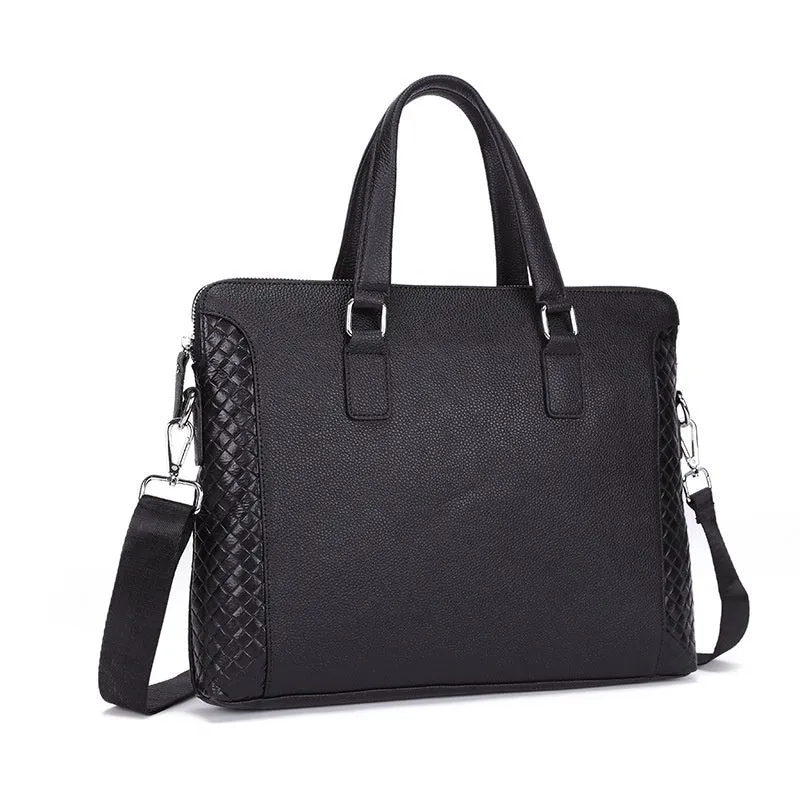 Men's genuine black leather horizontal briefcase with embossed geometric pattern, soft handle, and slit pocket for 14-inch laptop