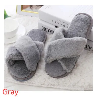 Women's winter home slippers with faux fur upper, plush lining, flat heel, black colour