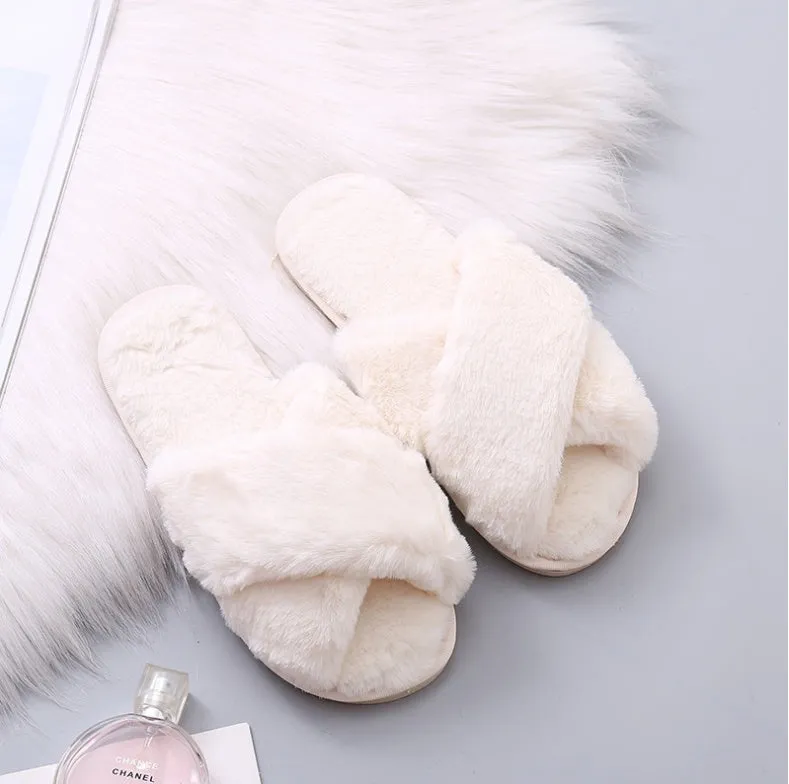 Women's winter home slippers with faux fur upper, plush lining, flat heel, black colour