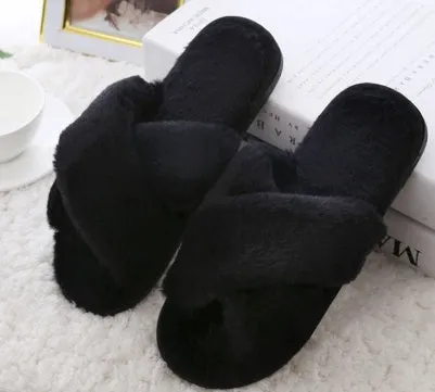 Women's winter home slippers with faux fur upper, plush lining, flat heel, black colour