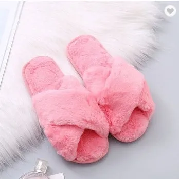 Women's winter home slippers with faux fur upper, plush lining, flat heel, black colour