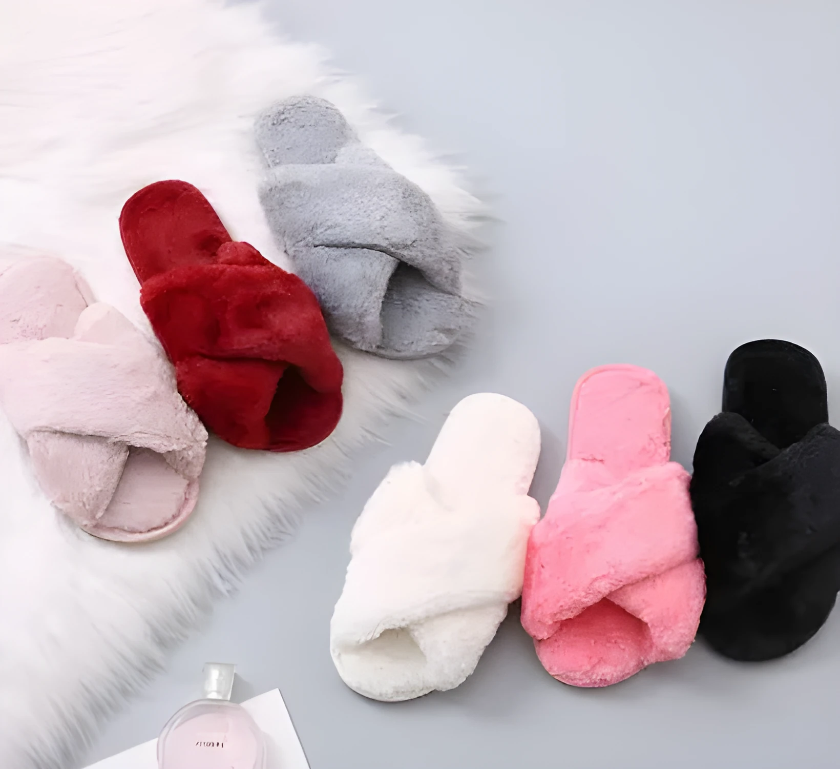 Women's winter home slippers with faux fur upper, plush lining, flat heel, black colour