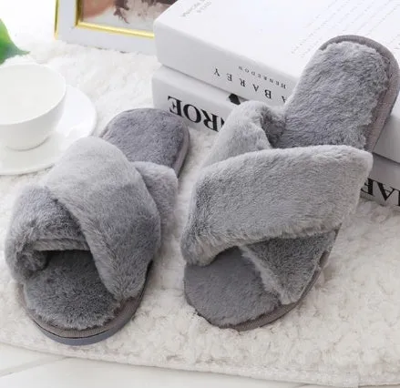 Women's winter home slippers with faux fur upper, plush lining, flat heel, black colour