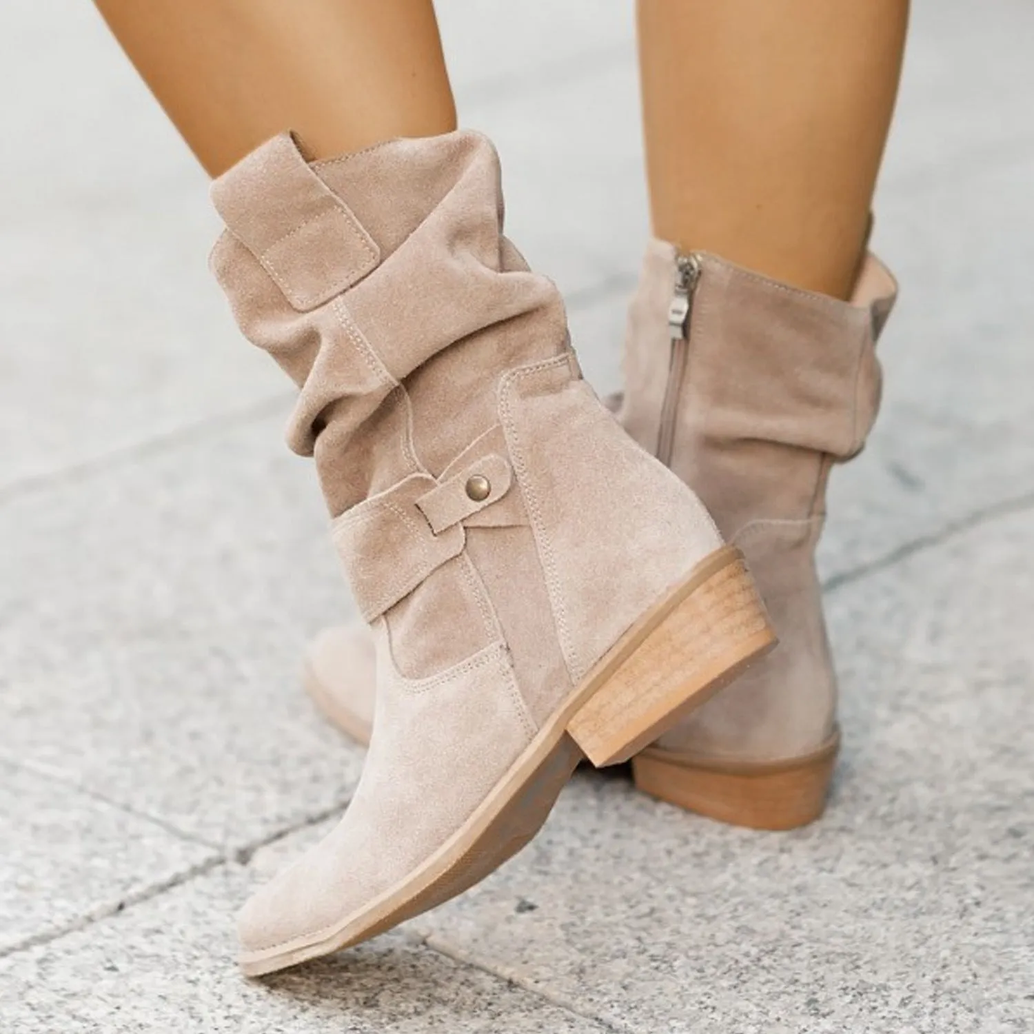Women's pointed toe mid-calf suede western boots with side zipper and square heel in black