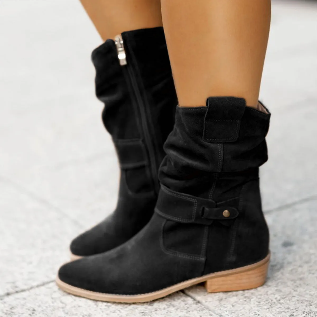 Women's pointed toe mid-calf suede western boots with side zipper and square heel in black
