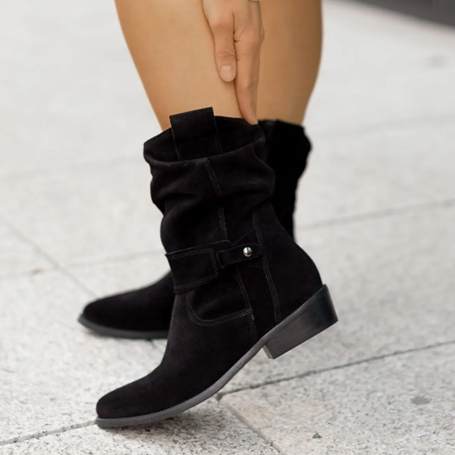 Women's pointed toe mid-calf suede western boots with side zipper and square heel in black