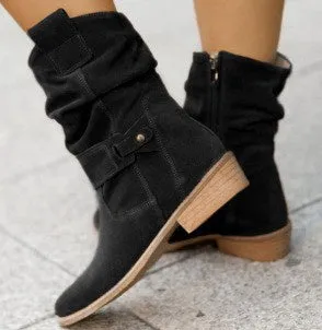 Women's pointed toe mid-calf suede western boots with side zipper and square heel in black