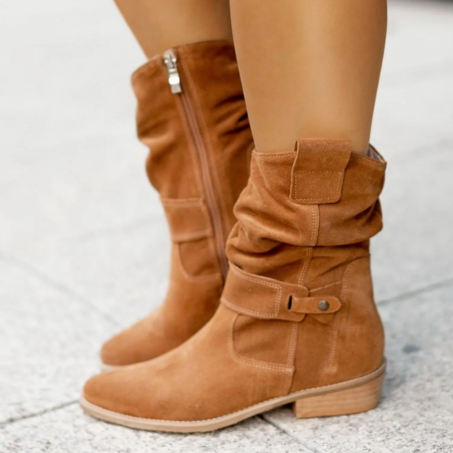 Women's pointed toe mid-calf suede western boots with side zipper and square heel in black