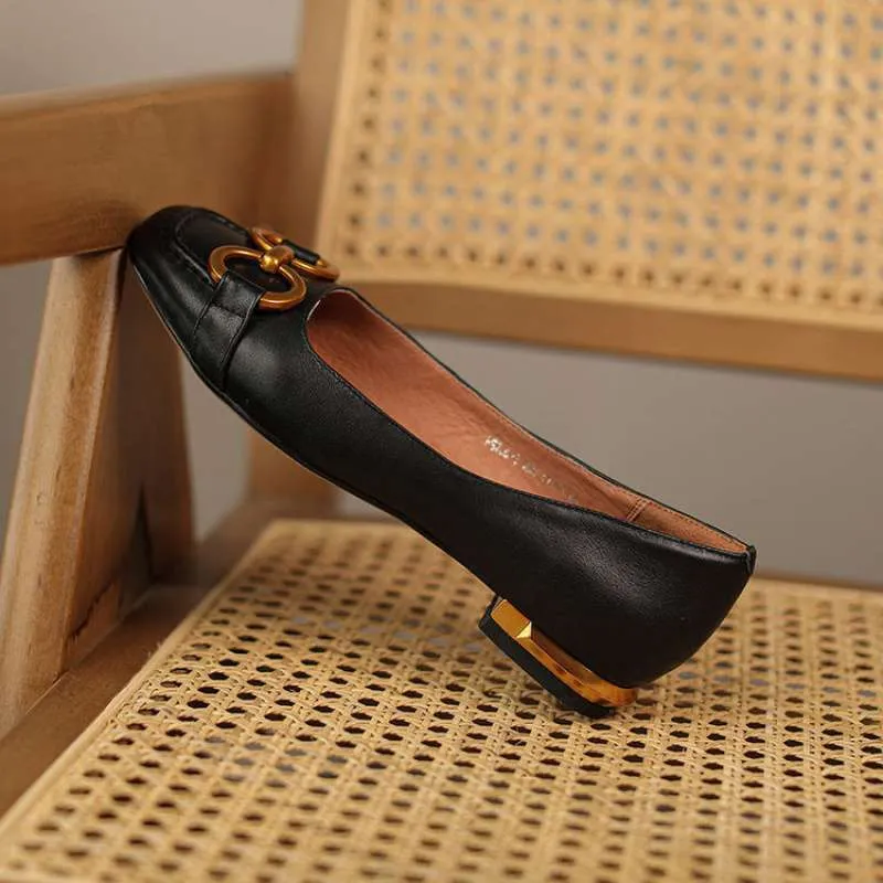 Wanwan Lei style Mary Jane pumps with shallow metal mouth, square toe, and low heel in various colours