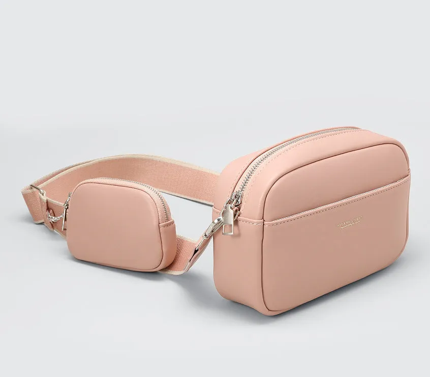 Women's simple PU shoulder messenger bag in apricot with woven and letter details, 21.5x7.5x14.5cm