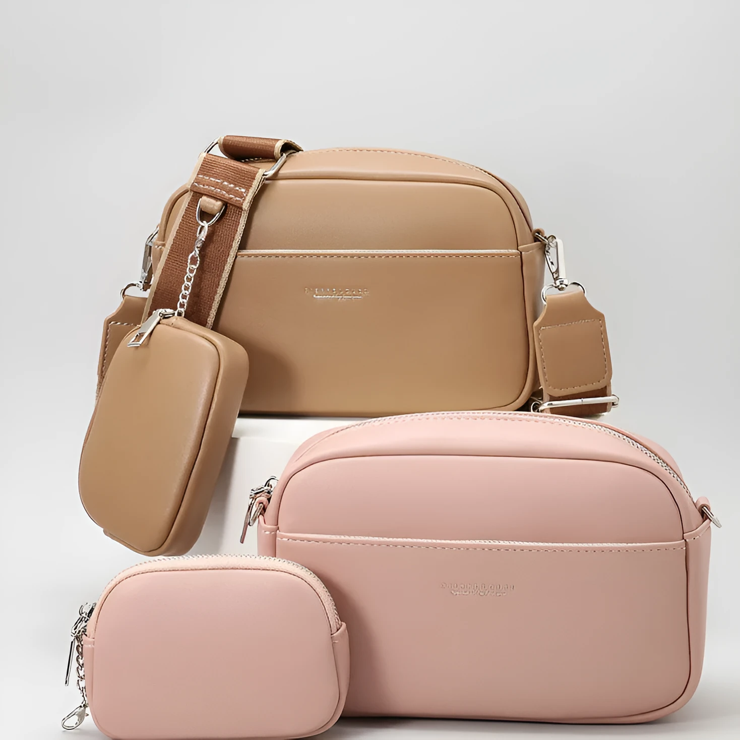 Women's simple PU shoulder messenger bag in apricot with woven and letter details, 21.5x7.5x14.5cm