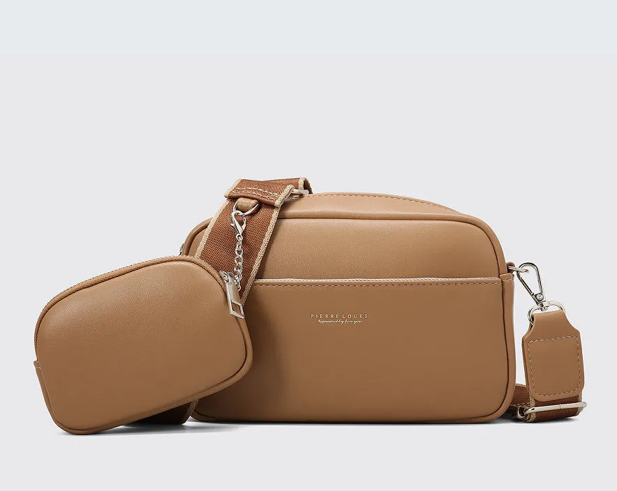 Women's simple PU shoulder messenger bag in apricot with woven and letter details, 21.5x7.5x14.5cm