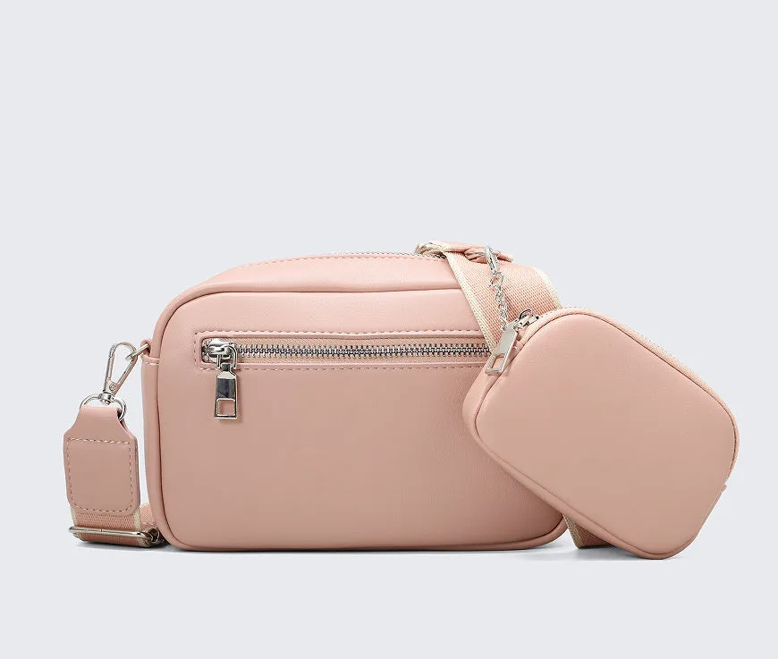 Women's simple PU shoulder messenger bag in apricot with woven and letter details, 21.5x7.5x14.5cm