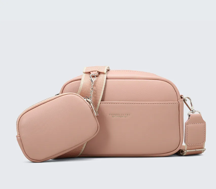 Women's simple PU shoulder messenger bag in apricot with woven and letter details, 21.5x7.5x14.5cm