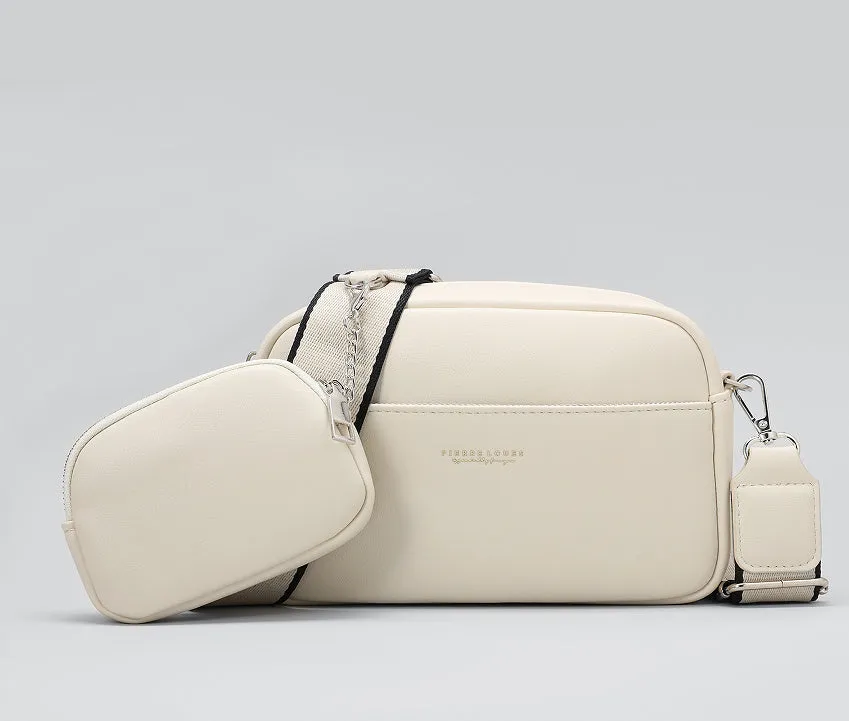 Women's simple PU shoulder messenger bag in apricot with woven and letter details, 21.5x7.5x14.5cm