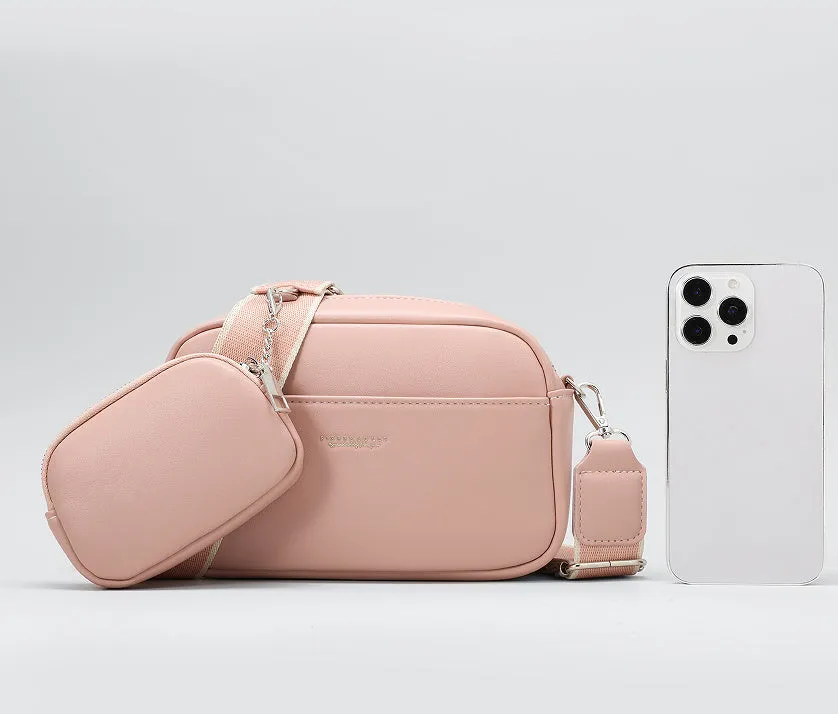 Women's simple PU shoulder messenger bag in apricot with woven and letter details, 21.5x7.5x14.5cm
