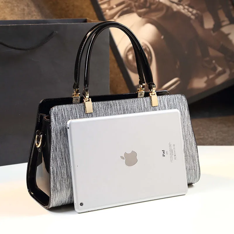 Medium PU leather messenger handbag in horizontal square shape with gold or silver contrast colour