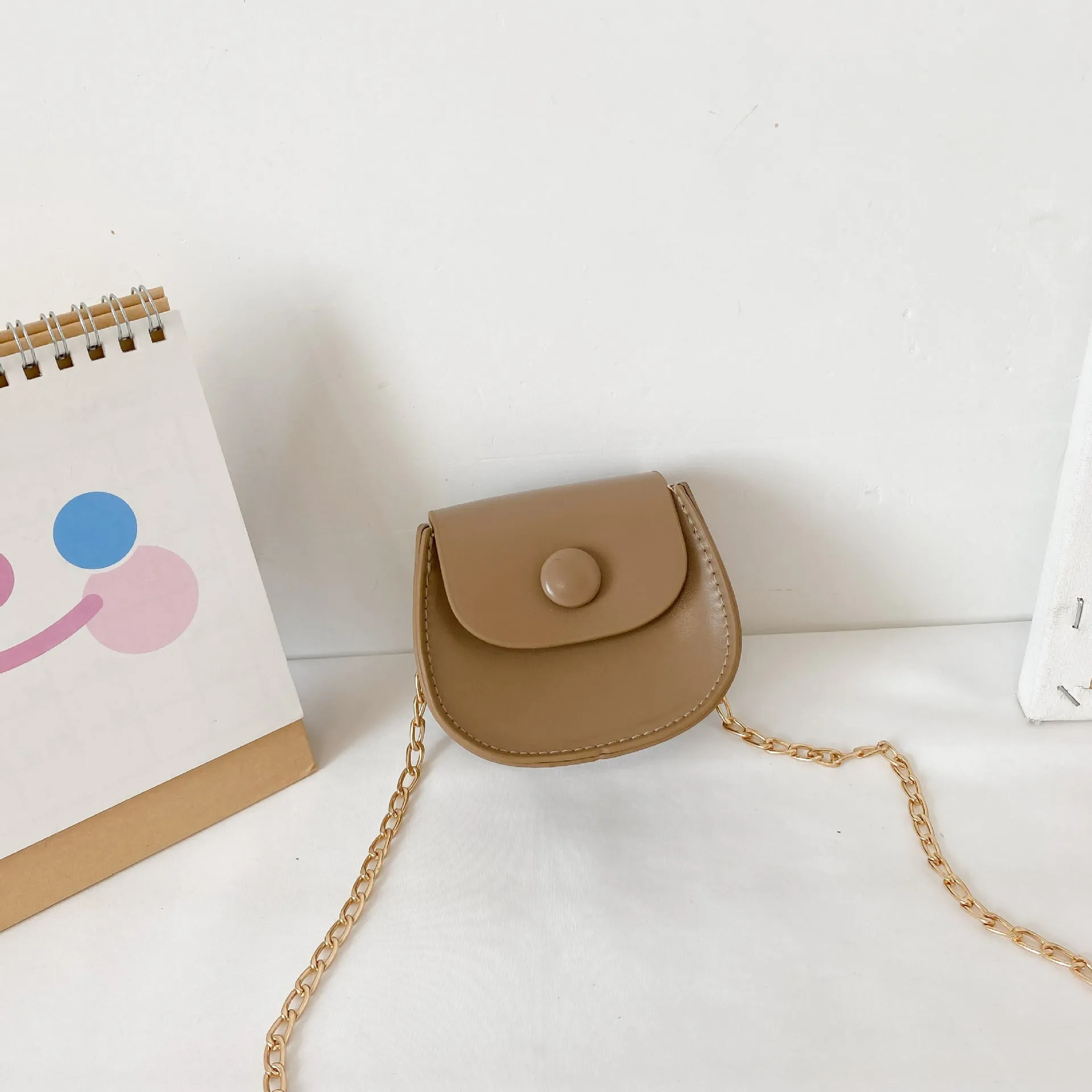 PU leather messenger bag for women with chain shoulder strap in khaki colour, 12cm wide