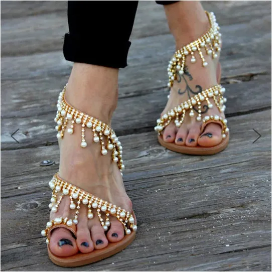 Women brown flat sandals with pearl bead decorative string and rubber sole