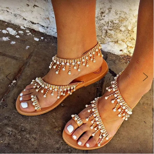 Women brown flat sandals with pearl bead decorative string and rubber sole