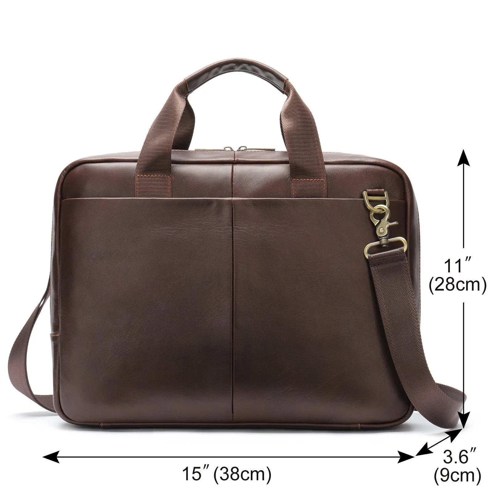 Black cowhide leather one shoulder computer handbag with sewing thread detail on a white background
