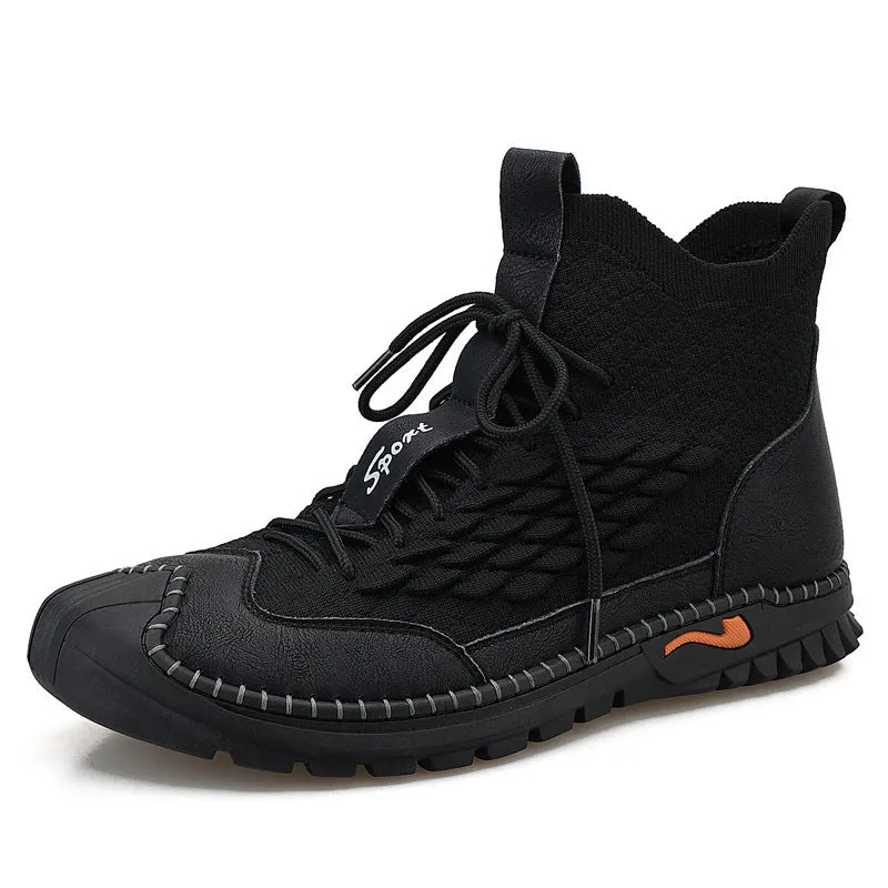 Men's casual flying weave upper round toe shoes in black for outdoor driving and hiking