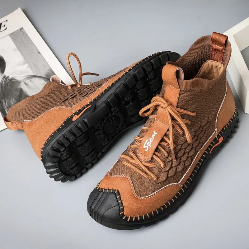 Men's casual flying weave upper round toe shoes in black for outdoor driving and hiking