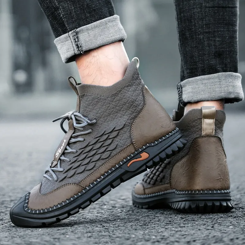 Men's casual flying weave upper round toe shoes in black for outdoor driving and hiking