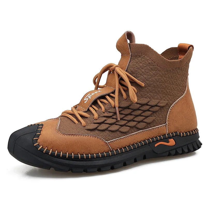 Men's casual flying weave upper round toe shoes in black for outdoor driving and hiking