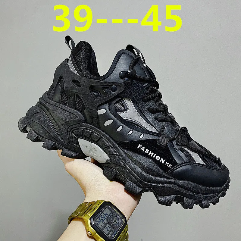 Round head net top daddy shoes for men with thick sole, synthetic leather upper and belt decoration in white