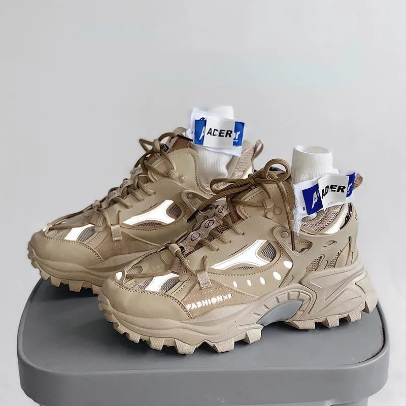 Round head net top daddy shoes for men with thick sole, synthetic leather upper and belt decoration in white
