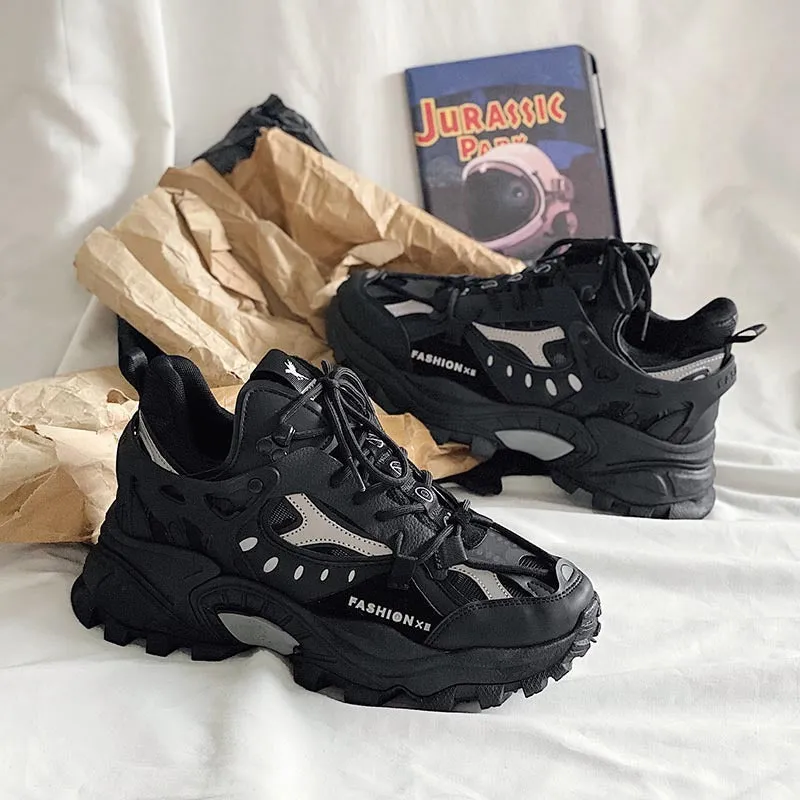 Round head net top daddy shoes for men with thick sole, synthetic leather upper and belt decoration in white