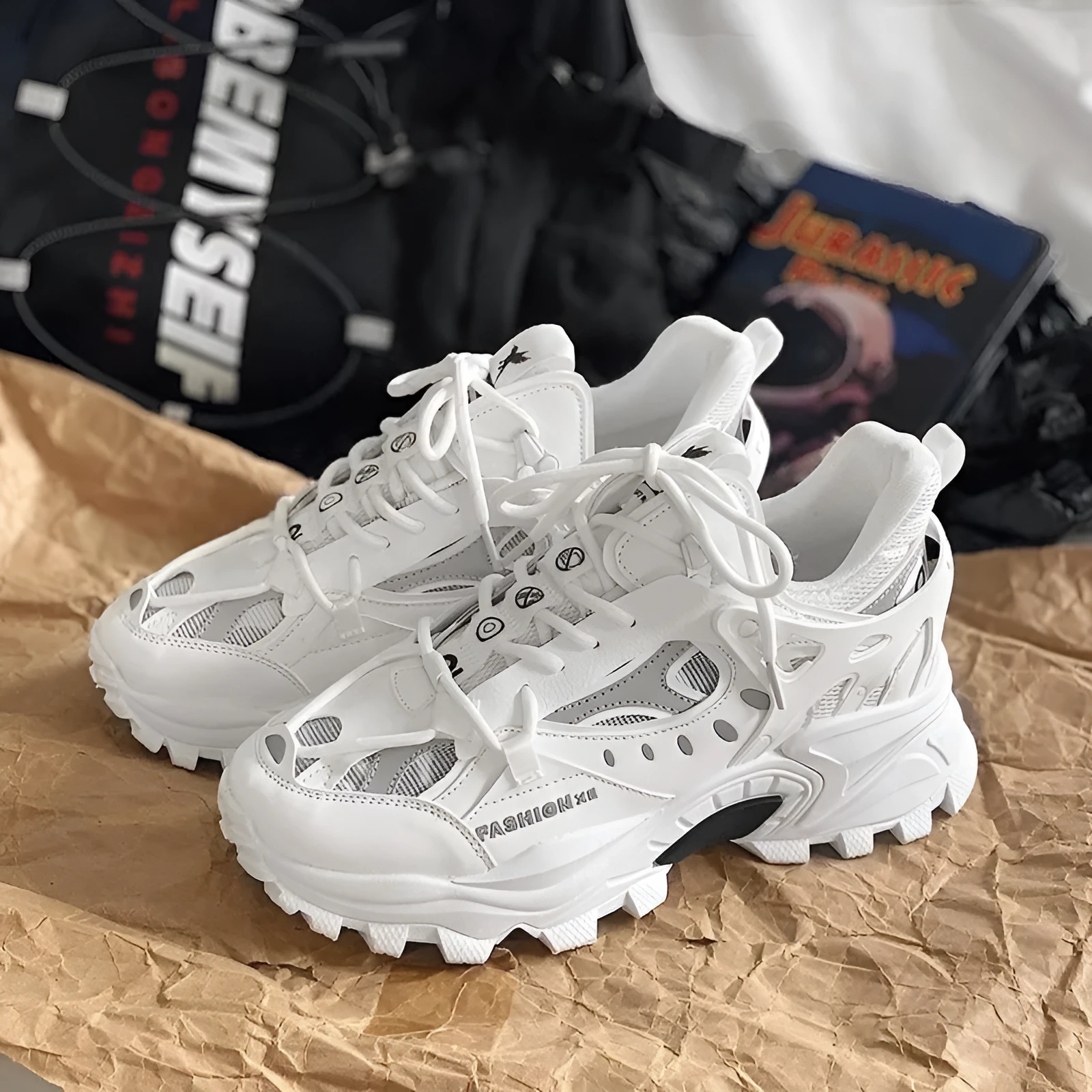 Round head net top daddy shoes for men with thick sole, synthetic leather upper and belt decoration in white