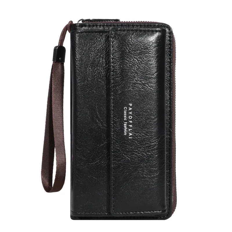 Men's black or brown PU long wallet with multiple card slots measuring 19x10.5x4cm