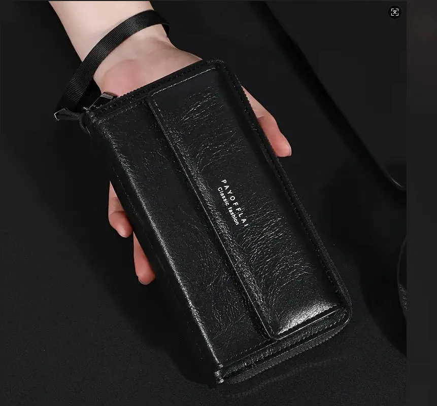 Men's black or brown PU long wallet with multiple card slots measuring 19x10.5x4cm