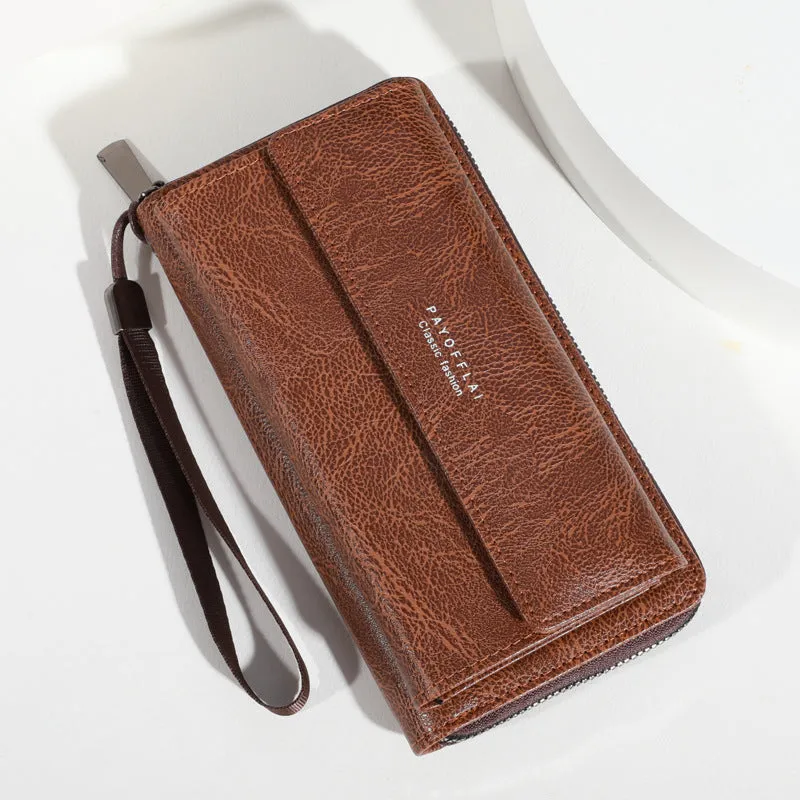 Men's black or brown PU long wallet with multiple card slots measuring 19x10.5x4cm